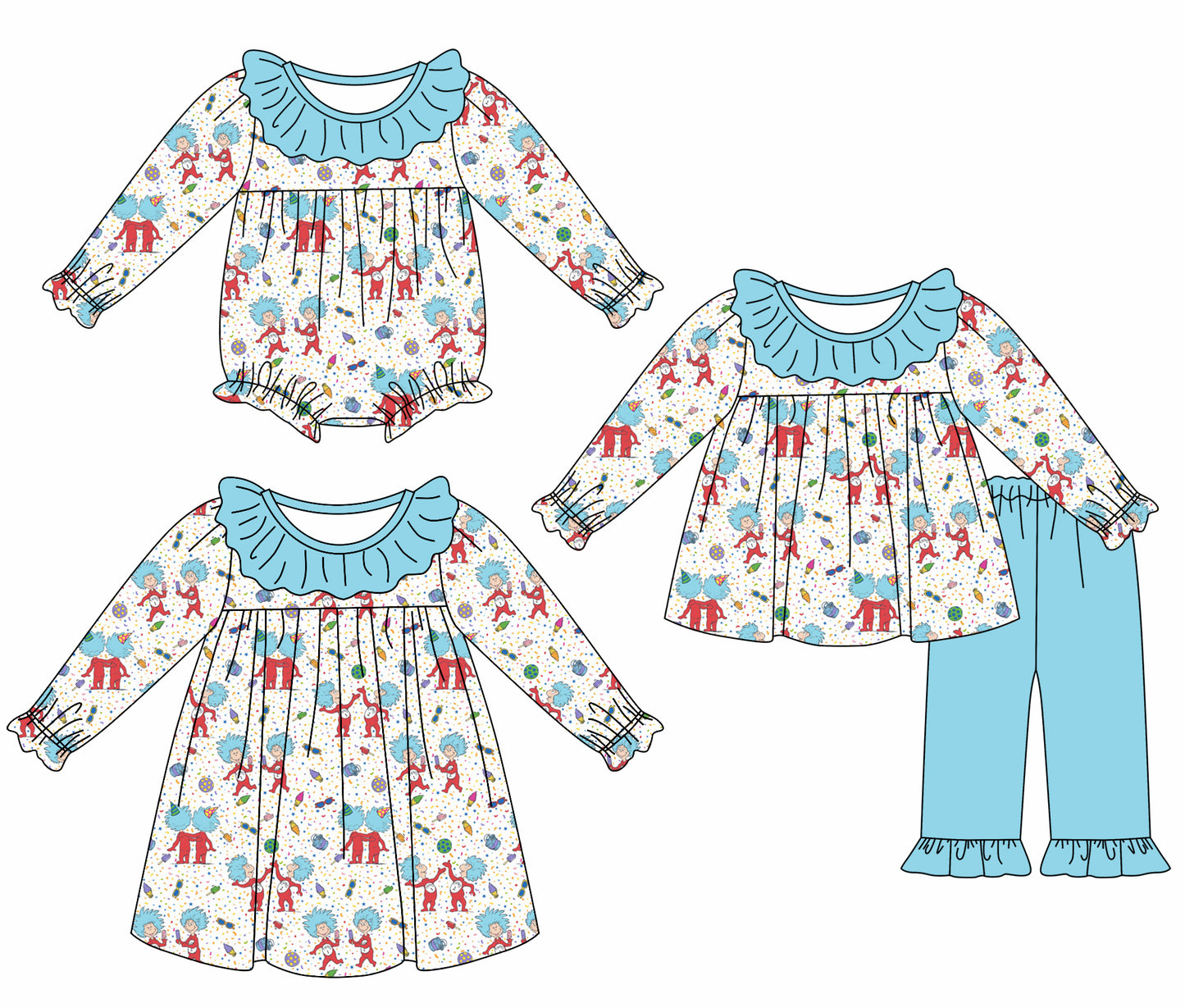 12.6 custom each style moq 5eta 4-6week Sibling Sister dr seuss baby girl sets and dress and rompers match family design