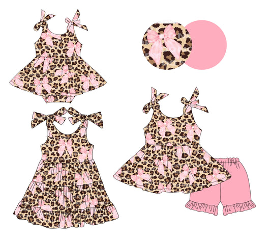 3.14 custom each style moq 5eta 4-6week Sibling Sisters bow leopard baby girl short sleeve shorts sets and dress and rompers match family design
