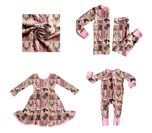25.8.27 custom each style moq 5eta 4-6week Sibling Sisters hunting baby girl long sleeve pants sets and dress and rompers match family design