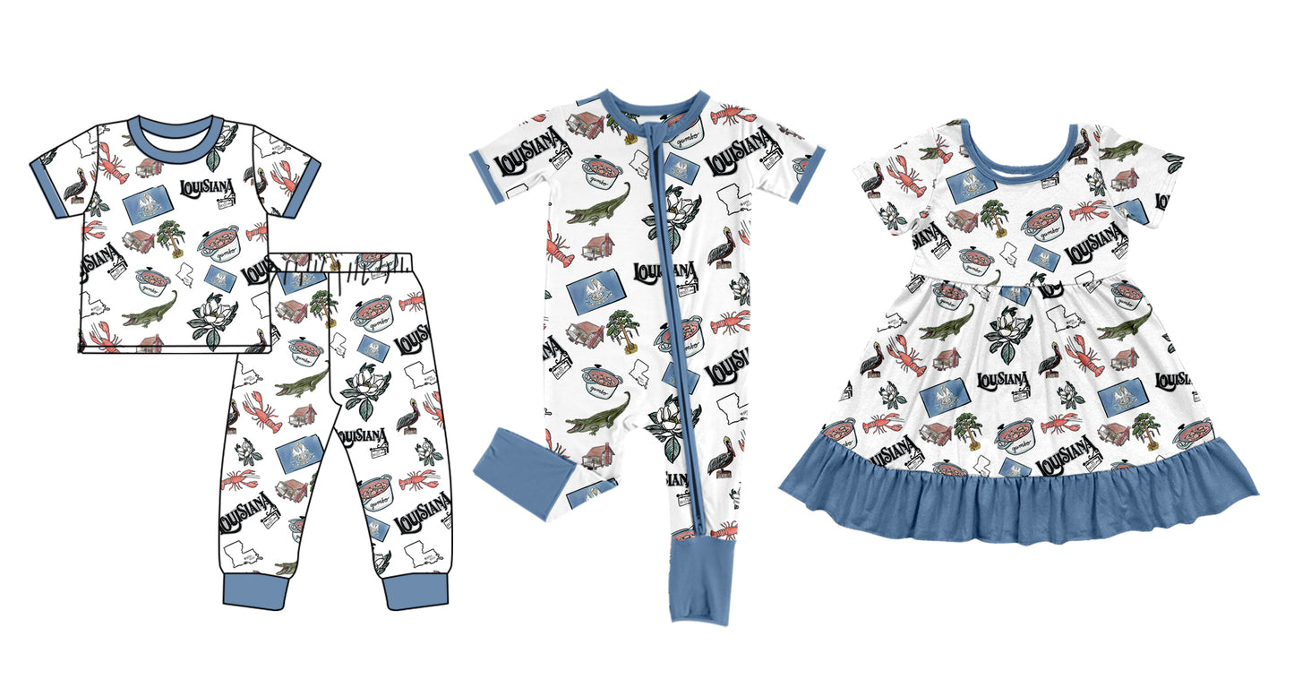 12.7 custom each style moq 5eta 4-6week Sibling Sister LOUISIANA baby girl sets and dress and rompers match family design