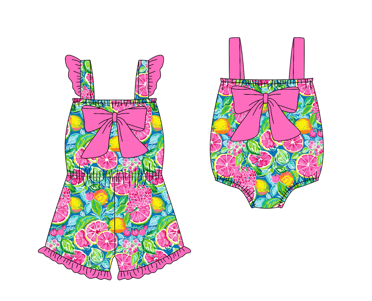 1.23 custom each style moq 5eta 4-6week Sibling Sister baby girls short sleeve jumpsuit and romper match design