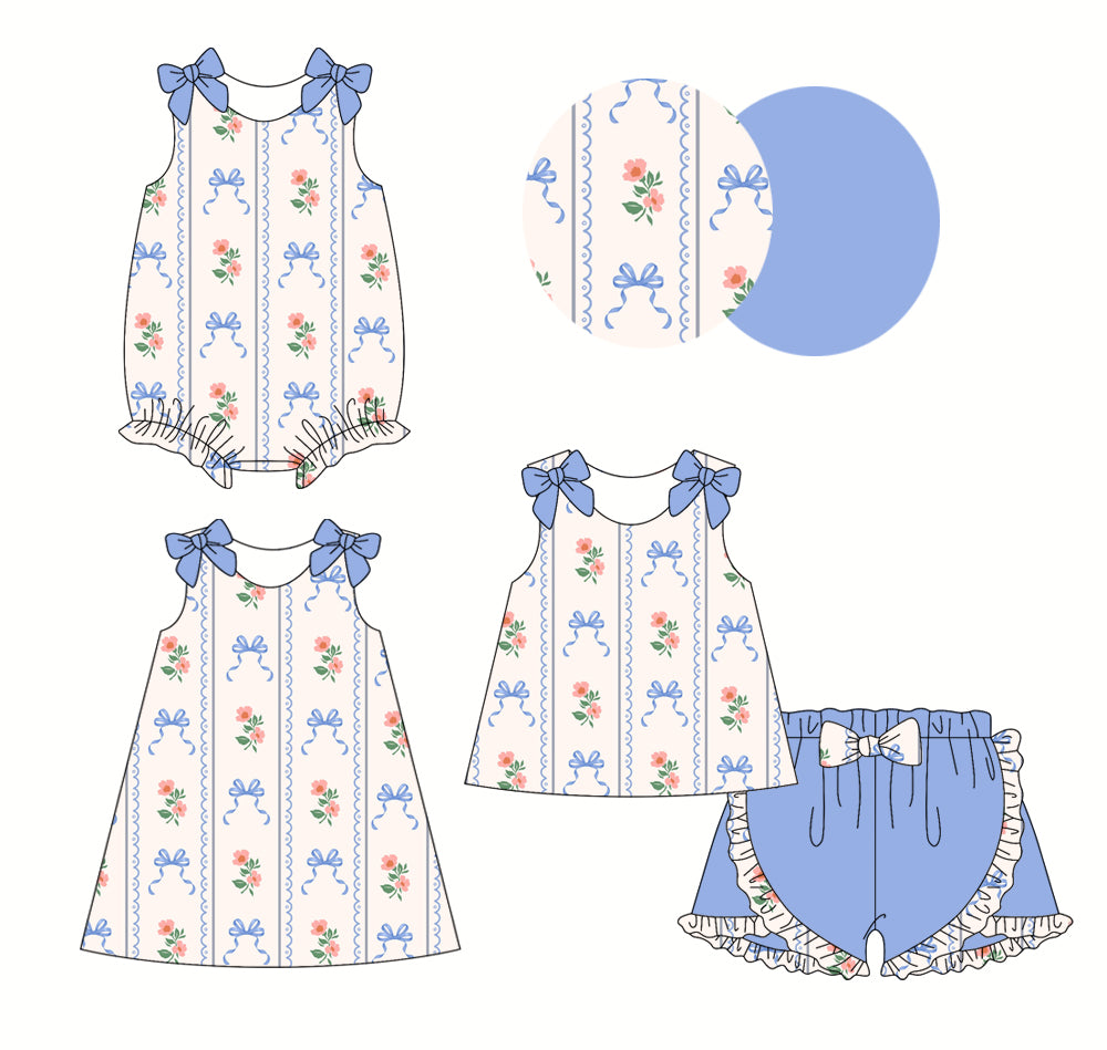 2.22 custom each style moq 5eta 4-6week Sibling Sisters bow floral baby girl short sleeve shorts sets and dress and rompers match family design