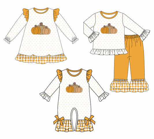 25.7.10 custom each style moq 5eta 4-6week Sibling Sisters pumpkin baby girl long sleeve pants sets and dress and rompers match family design