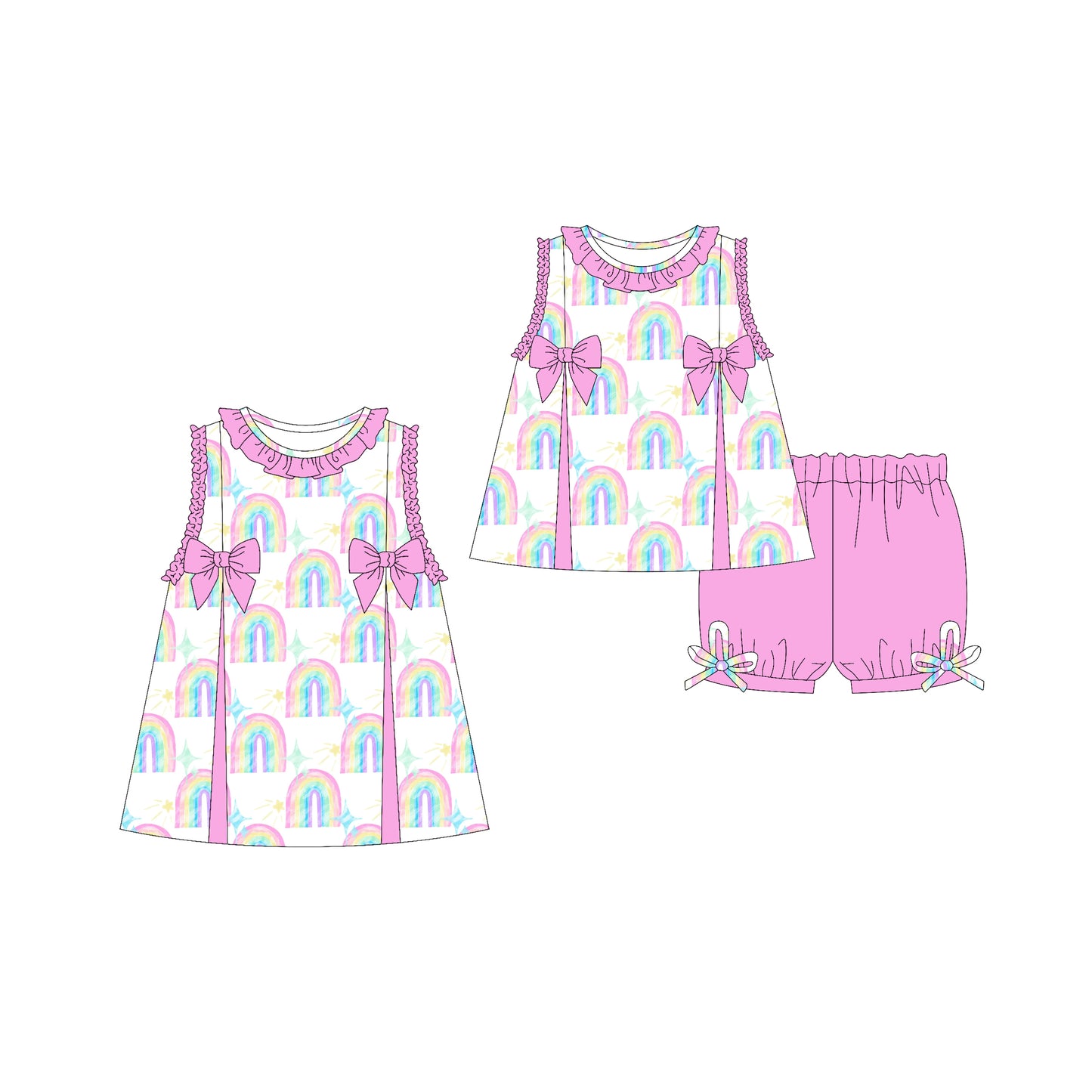 3.22 custom each style moq 5eta 4-6week Sibling Sister rainbow baby girl short sleeve shorts sets and dresses match design