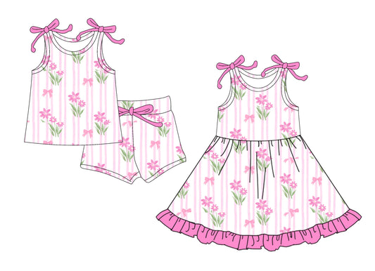 4.1 custom each style moq 5eta 4-6week Sibling Sister floral baby girl short sleeve shorts sets and dresses match design
