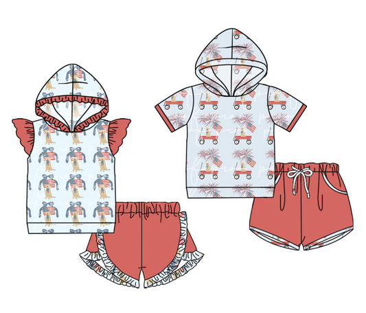 4.17 custom each style moq 5eta 4-6week Sibling Sister puppy flag bow baby boy short sleeve set 1 and set 2 match design