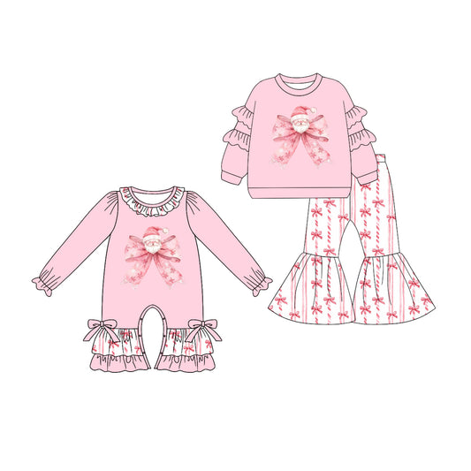 25.6.9 custom each style moq 5eta 4-6week Sibling Sisters Christmas bow pink baby girl long sleeve pants sets and rompers match family design