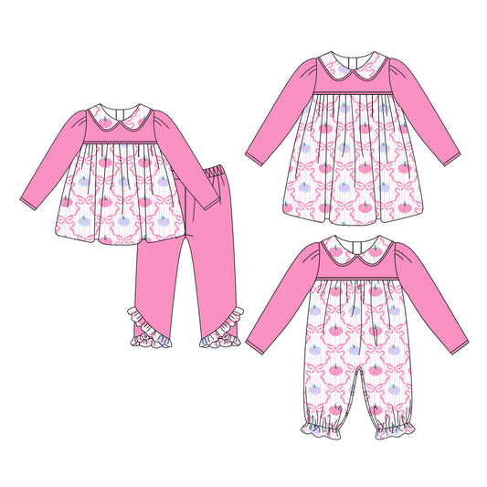 25.6.5 custom each style moq 5eta 4-6week Sibling Sisters pumpkin bow pink baby girl long sleeve pants sets and dress and rompers match family design