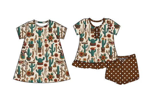 4.16 custom each style moq 5eta 4-6week Sibling Sister catcus floral baby girl short sleeve shorts sets and dresses match design