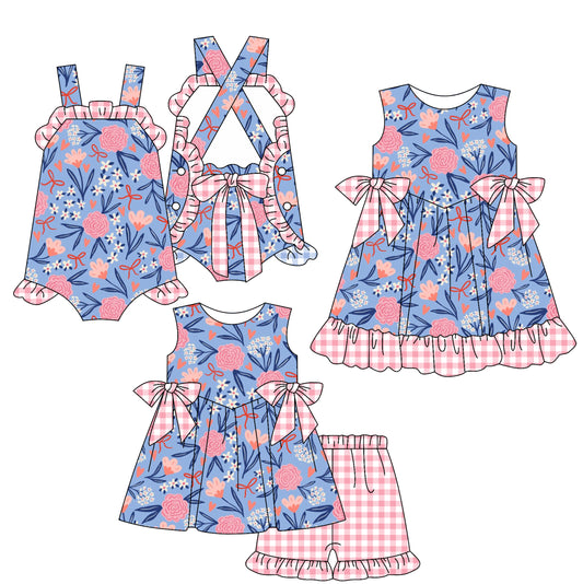 2.15 custom each style moq 5eta 4-6week Sibling Sisters floral bow baby girl short sleeve shorts sets and dress and rompers match family design
