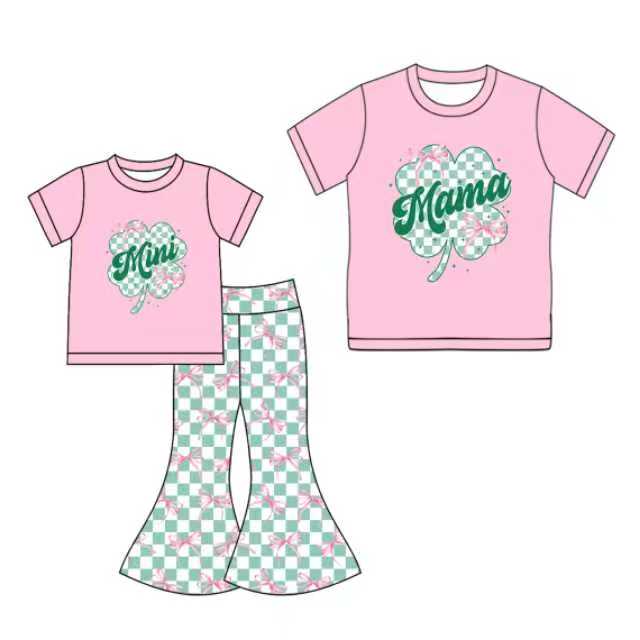 25.10.2 custom each style moq 5eta 4-6week Sibling Sister MAMA MINI bow baby short sleeve pants sets and adult top match design