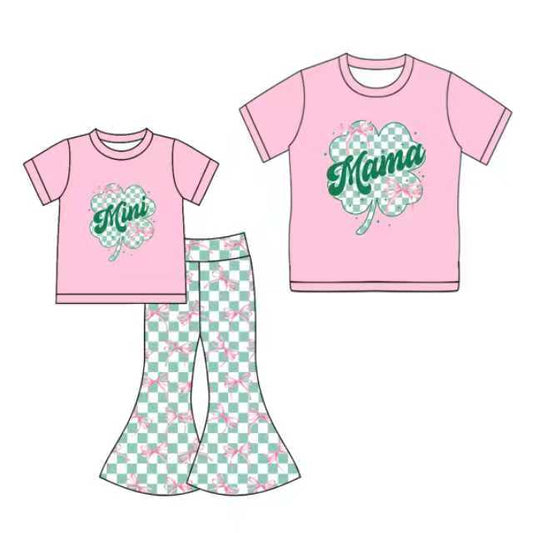 25.10.2 custom each style moq 5eta 4-6week Sibling Sister MAMA MINI bow baby short sleeve pants sets and adult top match design
