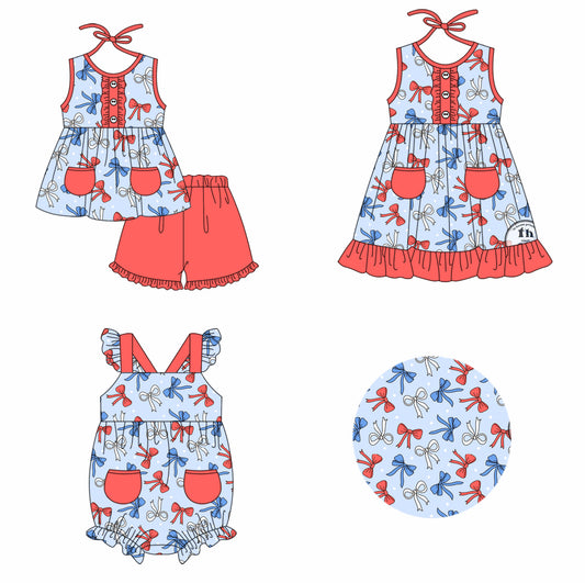 11.23 custom each style moq 5eta 4-6week Sibling Sister bow baby girl short sleeve shorts sets and girls romper and dress match design