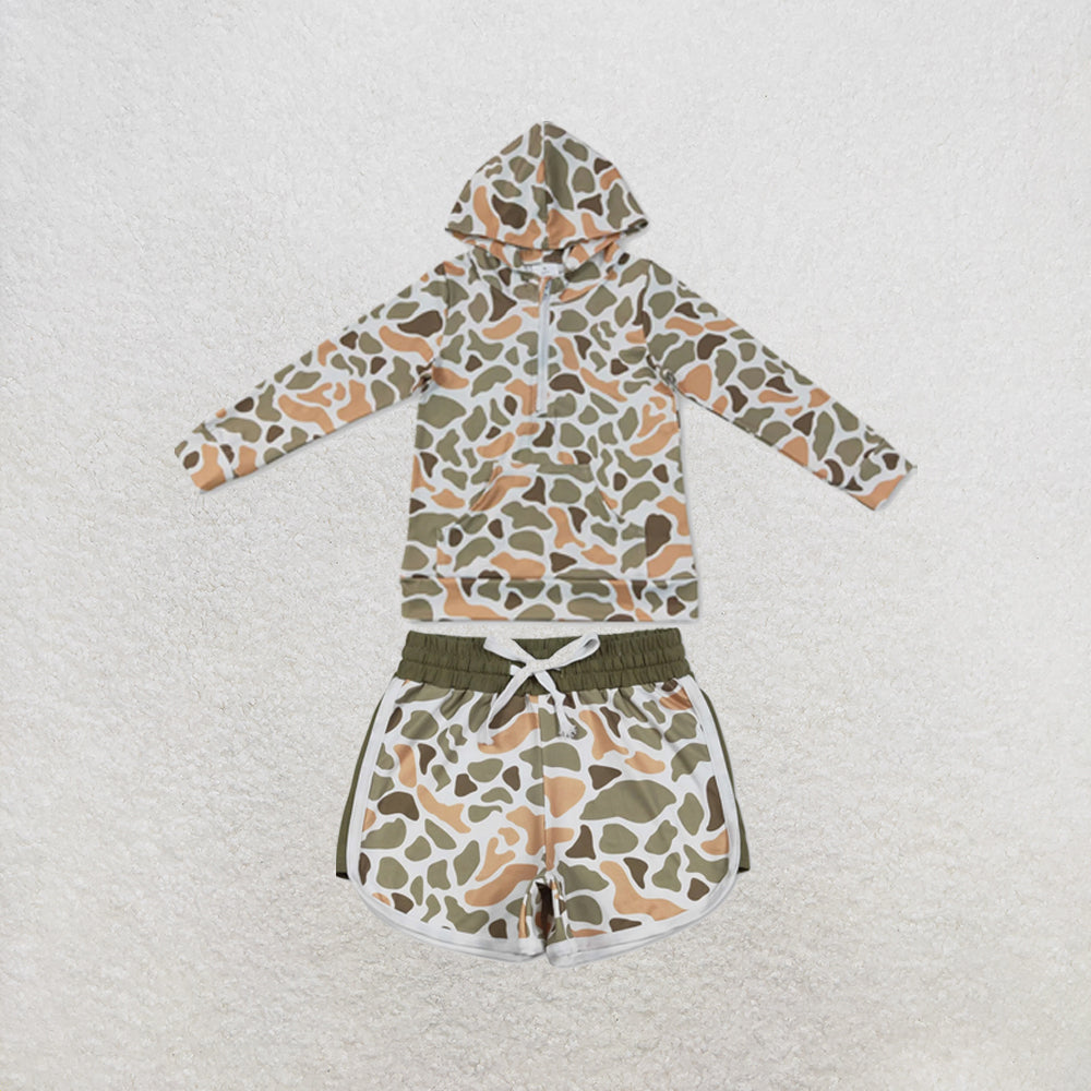 RTS NO MOQ Sibling milk silk Baby Boys Green Khaki Camo Hoodies Hooded Tops Pocket Short Clothes Set