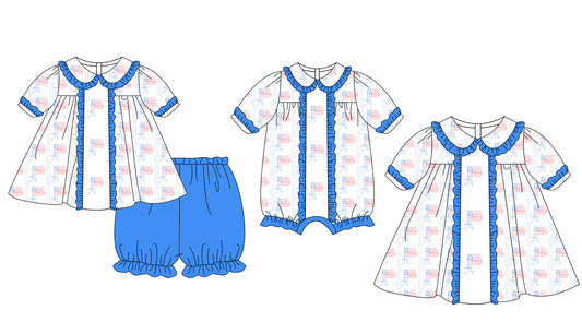 11.25 custom each style moq 5eta 4-6week Sibling Sister 4th of july baby girl short sleeve shorts sets and dress and rompers match family design