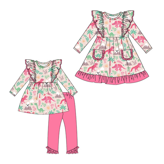 25.6.26 custom each style moq 5eta 4-6week Sibling Sisters dinosaur baby girl long sleeve pants sets and dress match family design