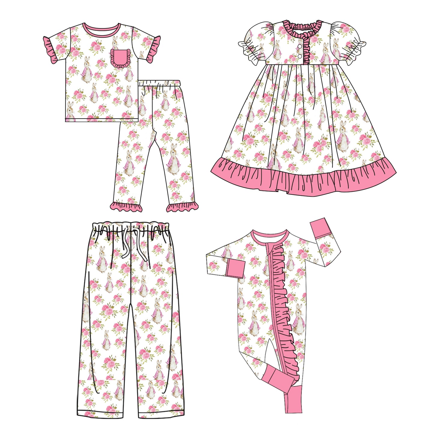 25.9.25 custom each style moq 8 eta 6-8week Sibling Sister easter floral baby short sleeve pants sets and romper and dress and adult pants match design