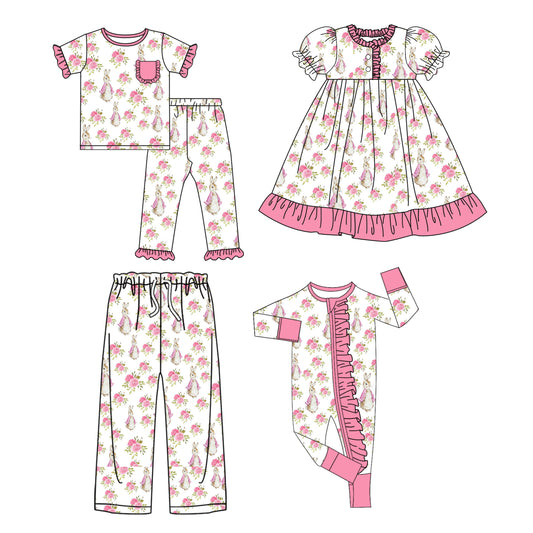25.9.25 custom each style moq 8 eta 6-8week Sibling Sister easter floral baby short sleeve pants sets and romper and dress and adult pants match design