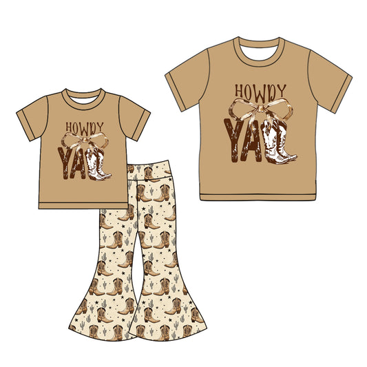 25.10.4 custom each style moq 5eta 4-6week Sibling Sister HOWDY boots bow baby short sleeve pants sets and adult top match design