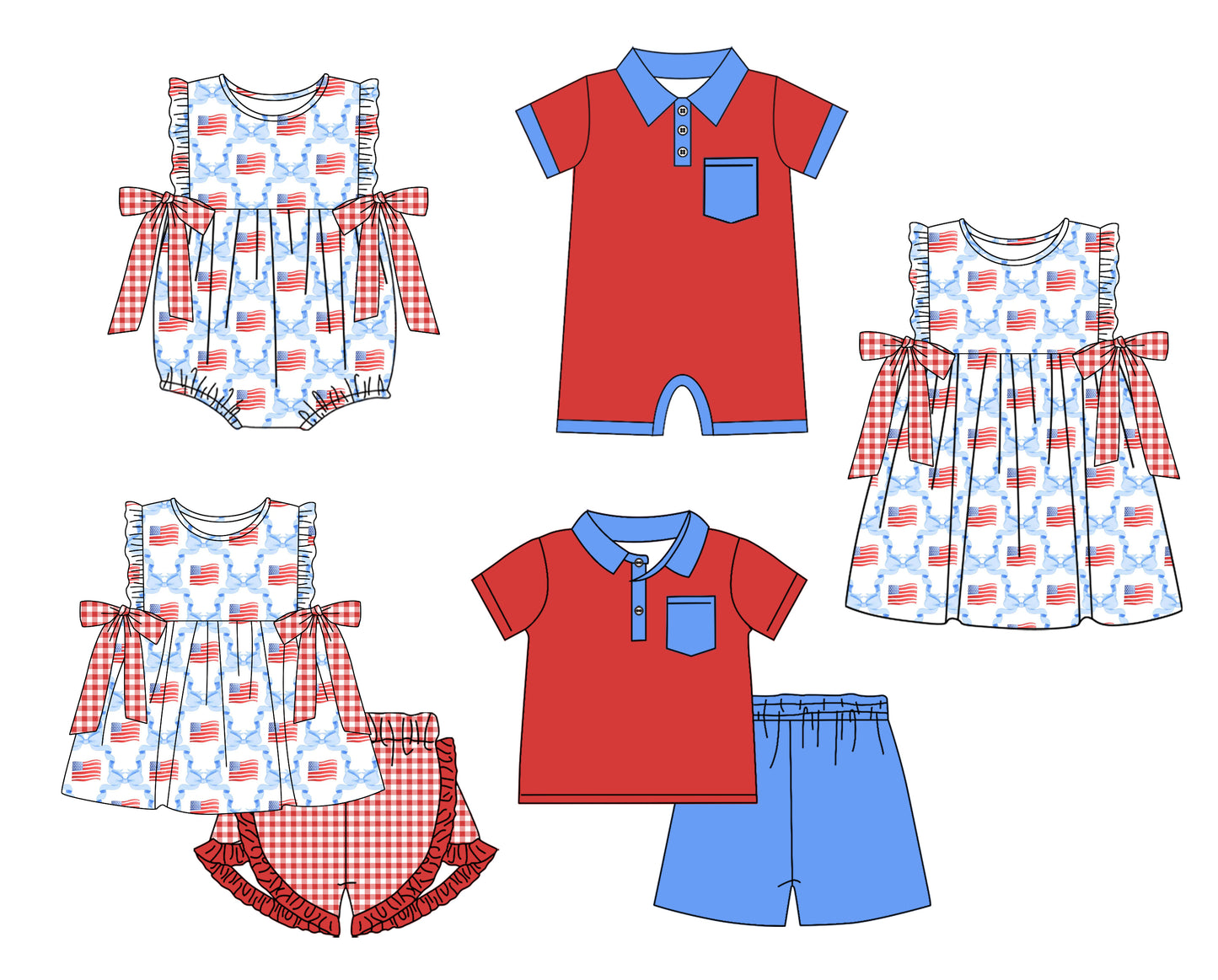 11.22 custom each style moq 5eta 4-6week Sibling Sister 4th of july baby girl short sleeve shorts sets and sets 2 and girls romper and boy romper and dress match design
