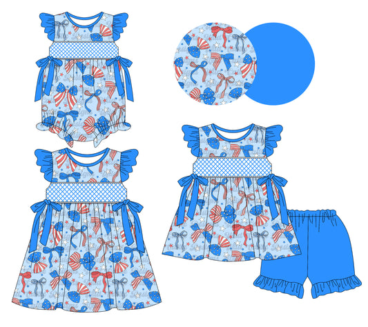 3.10 custom each style moq 5eta 4-6week Sibling Sisters bow baby girl short sleeve shorts sets and dress and rompers match family design