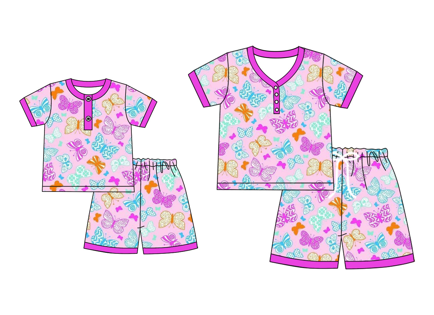 4.21 custom each style moq 5eta 4-6week Sibling Sister butterfly bow short sleeve shorts sets and adult sets match design