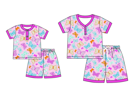 4.21 custom each style moq 5eta 4-6week Sibling Sister butterfly bow short sleeve shorts sets and adult sets match design