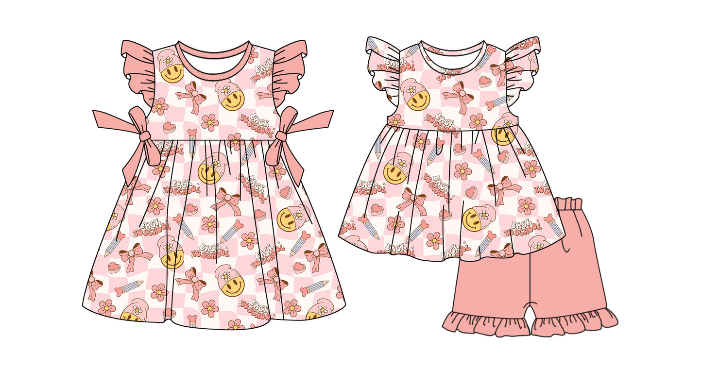 2.10 custom each style moq 5eta 4-6week Sibling Sister smiley bow baby girl short sleeve shorts sets and dresses match design