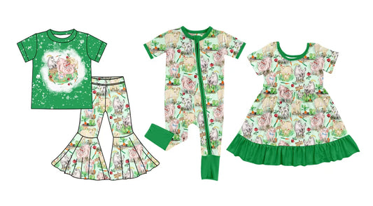12.5 custom each style moq 5eta 4-6week Sibling Sister easter PIG baby girl sets and dress and rompers match family design