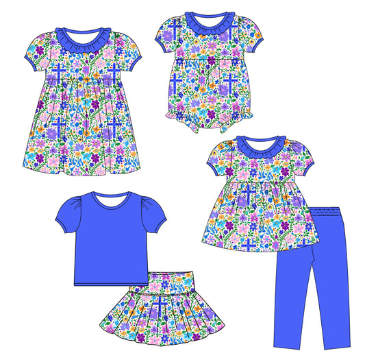 25.9.26 custom each style moq 8 eta 6-8week Sibling Sisters easter floral baby girl short sleeve pants sets and skirts sets and dress and rompers match family design