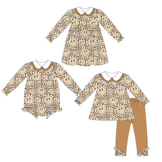 25.5.16 custom each style moq 5eta 4-6week Sibling Sisters smiley floral baby girl long sleeve pants sets and dress and rompers match family design