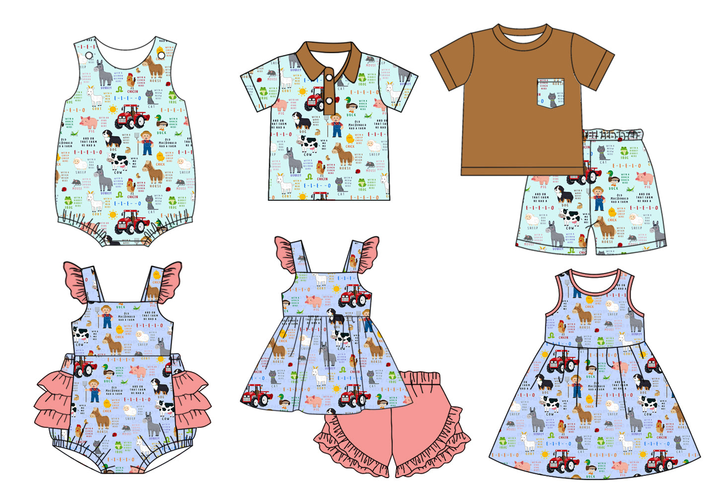 11.13 custom each style moq 5eta 4-6week Sibling Sister farm baby girl short sleeve shorts sets and sets 2 and girls romper and boy romper and dress and top match design