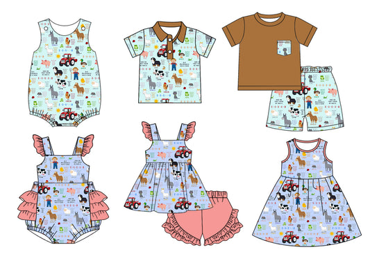 11.13 custom each style moq 5eta 4-6week Sibling Sister farm baby girl short sleeve shorts sets and sets 2 and girls romper and boy romper and dress and top match design