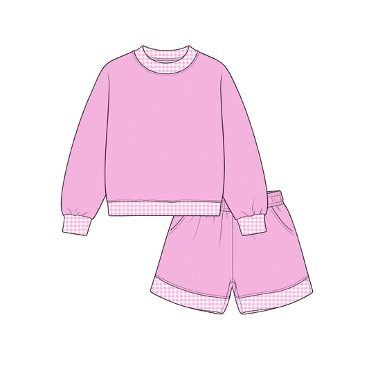 Custom moq 5 girls  Blank Cotton Fabric Sweatshirt Shorts Set Light pink sweatshirt and shorts set
