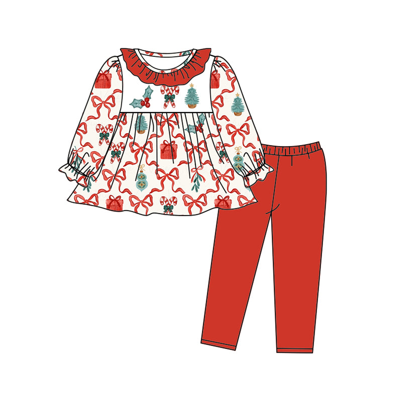 5.11custom each style moq 5eta 4-5week Sibling Sister christmas style Christmas tree prints red girls set and baby romper and dress match family design