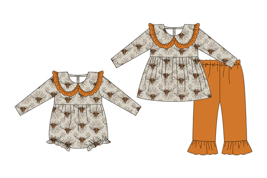 25.7.1 custom each style moq 5eta 4-6week Sibling Sisters cow head baby girl long sleeve pants sets and rompers match family design