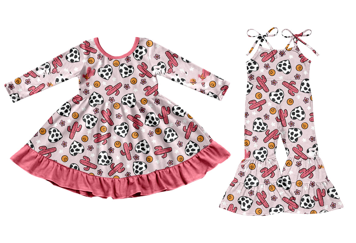 25.9.16 custom each style moq 8 eta 6-8week Sibling Sisters catcus baby girl long sleeve dress and jumpsuit match family design