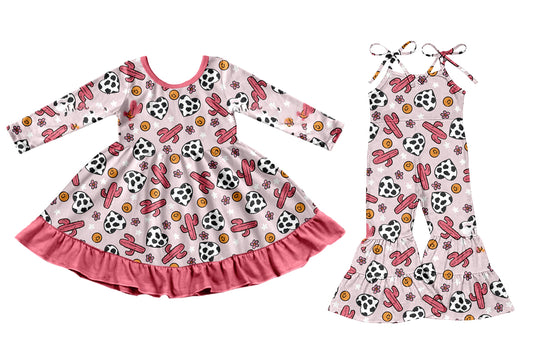 25.9.16 custom each style moq 8 eta 6-8week Sibling Sisters catcus baby girl long sleeve dress and jumpsuit match family design