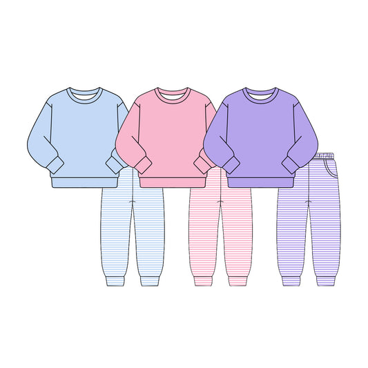 custom moq 5 mix size LHGNDN0108 Toddler Girls Solid Long Sleeve Top Stripe Jogger Pants Set Pocket Casual Outfit