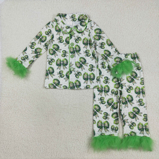 RTS NO MOQ（In Stock) GLP2582 White long-sleeved trousers and pajama set with green bow pattern and plush trim