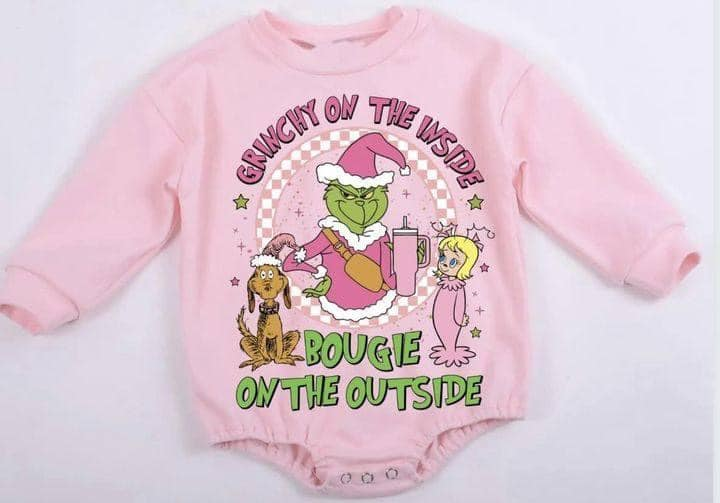 Custom moq 3 eta 6-8weeks Christmas green old man skateboard pink long-sleeved romper
