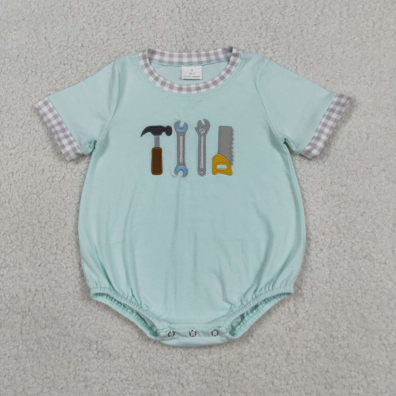 RTS NO MOQ SR3541 Baby Boys Embroidery Tools Short Sleeve Rompers