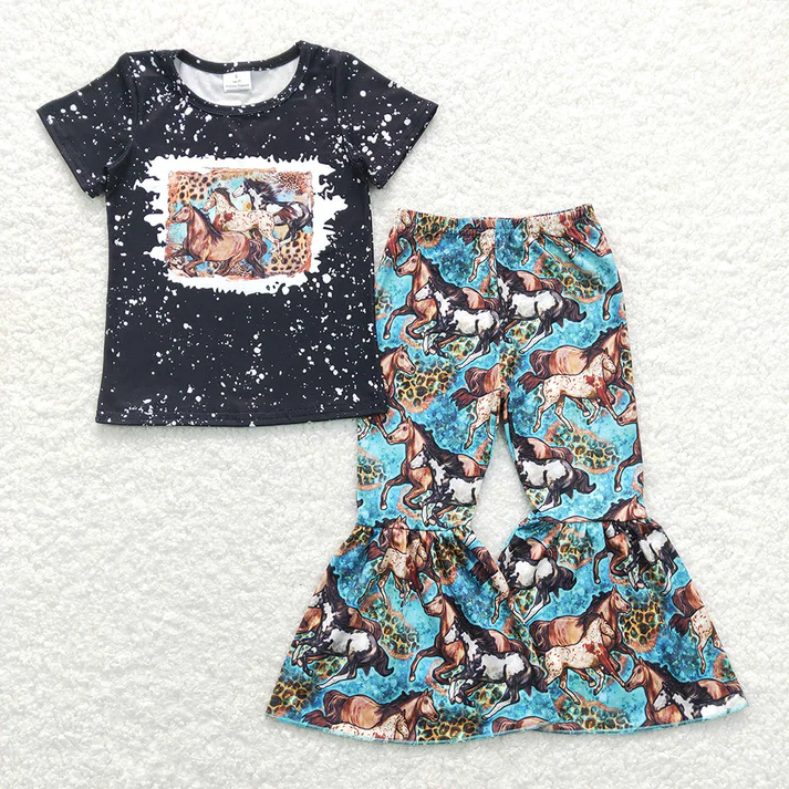 RTS Baby Girls Sibling Horse Boots Tee Top Bell Pants Western Outfits Sets