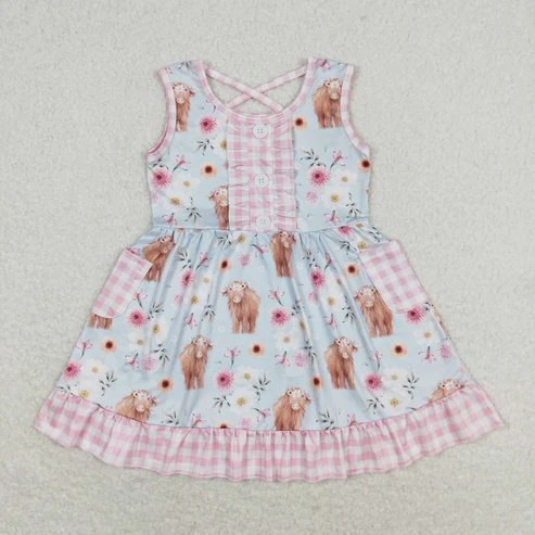 RTS NO MOQ Baby Girls Highland Cow Western Sibling Clothes Sets Western Bullhead