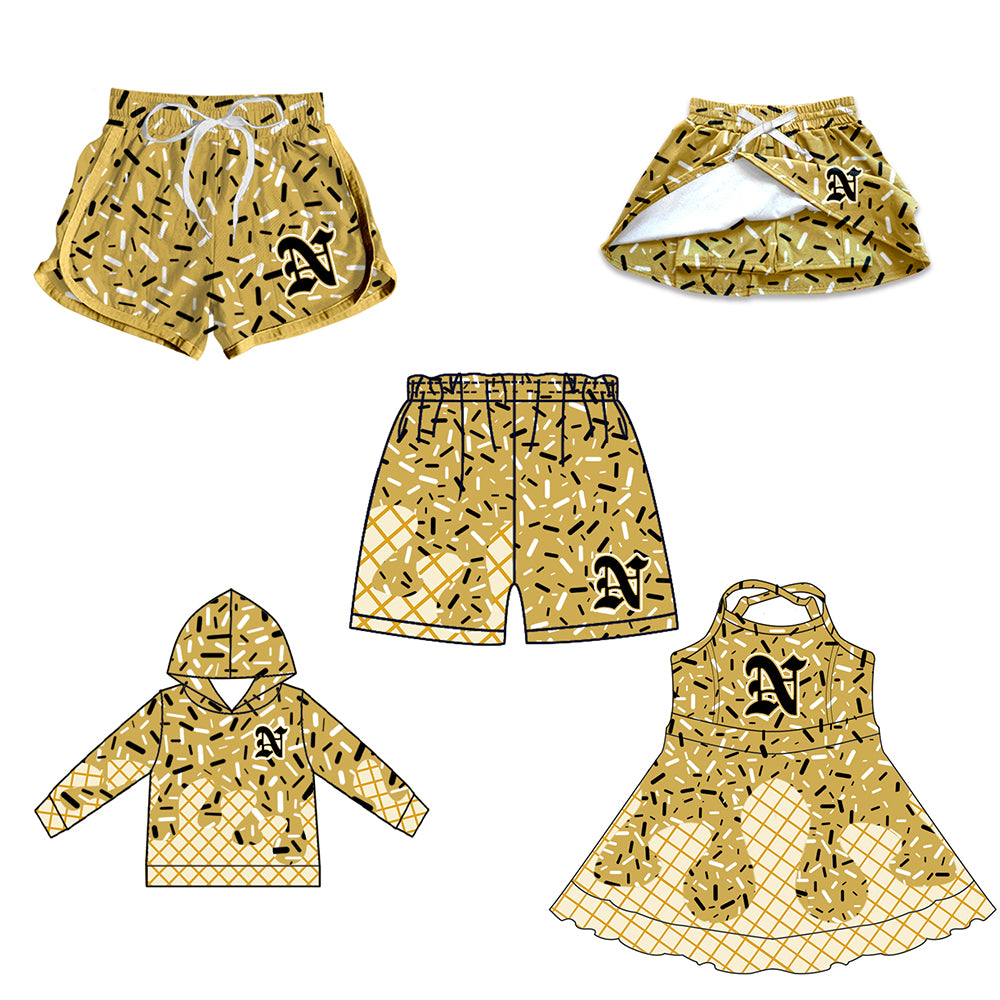 Custom moq 5 mix size milk silk baby girls clothes team khaki hooded long sleeve tops and skirt and dress and shorts 1 and shorts 2-25.7.4