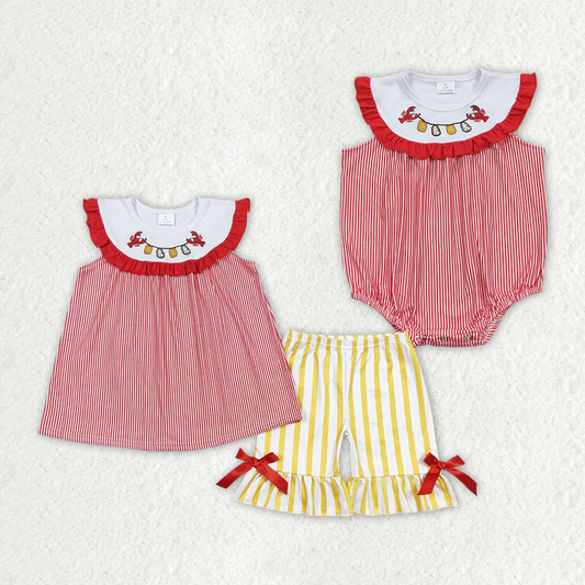 RTS Baby Girls Crawfish Boiled Tops Bows Shorts Romer Sibling Clothes Sets