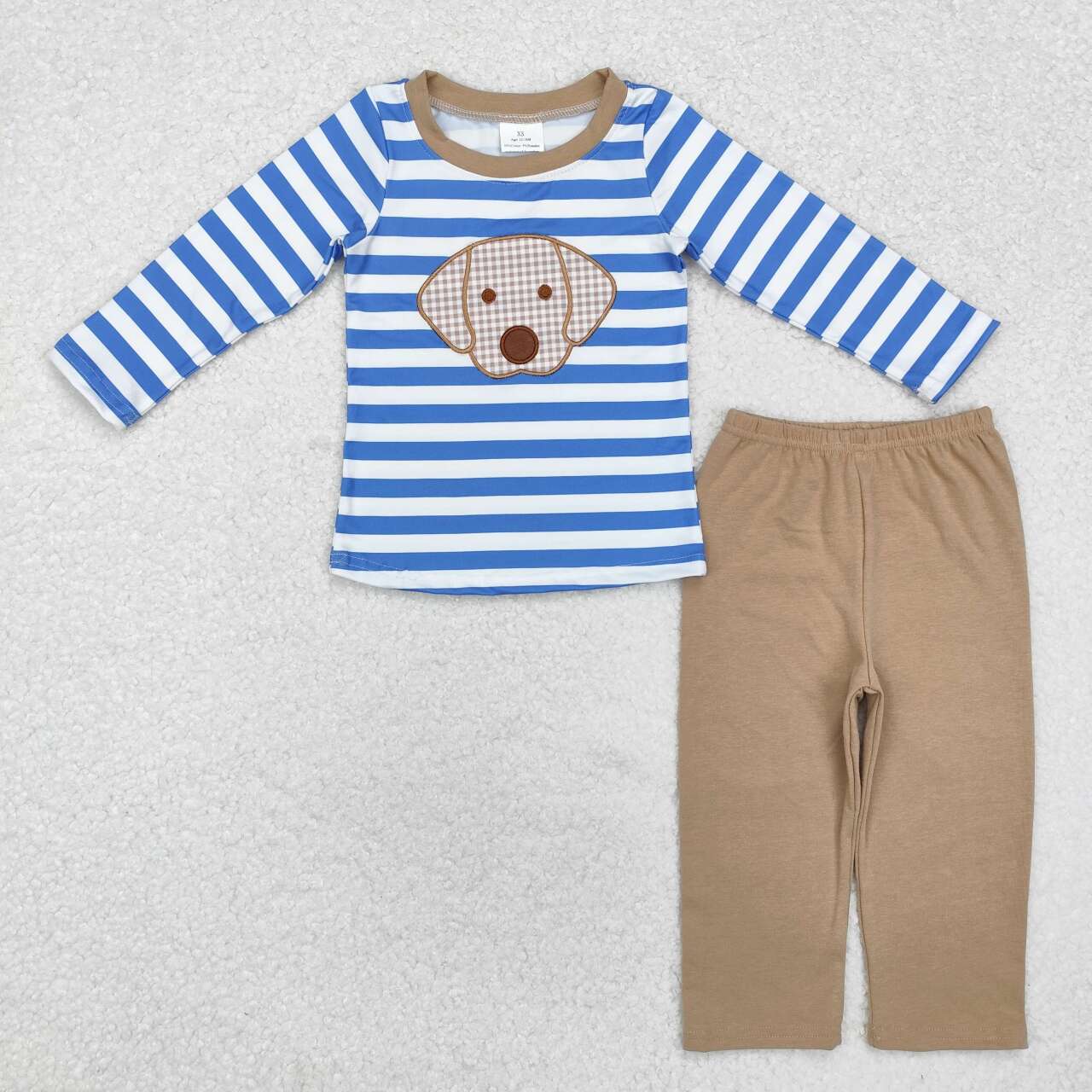 RTS NO MOQ（In Stock) Embroidered blue puppy stripe khaki trousers set