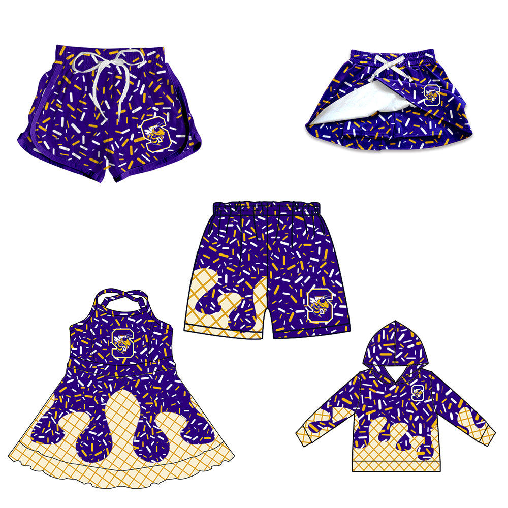 Custom moq 5 mix size milk silk baby girls clothes team purple hooded long sleeve tops and skirt and dress and shorts 1 and shorts 2-25.7.2