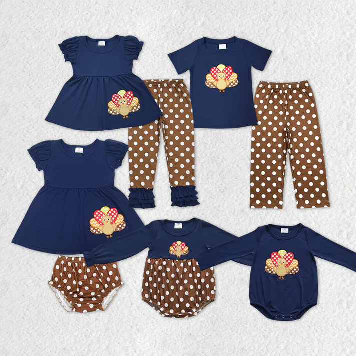 RTS NO MOQ Baby Girls Thanksgiving Sibling Turkey Fall Clothes Sets  embriobery style match thanksgiving