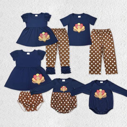 RTS NO MOQ Baby Girls Thanksgiving Sibling Turkey Fall Clothes Sets  embriobery style match thanksgiving